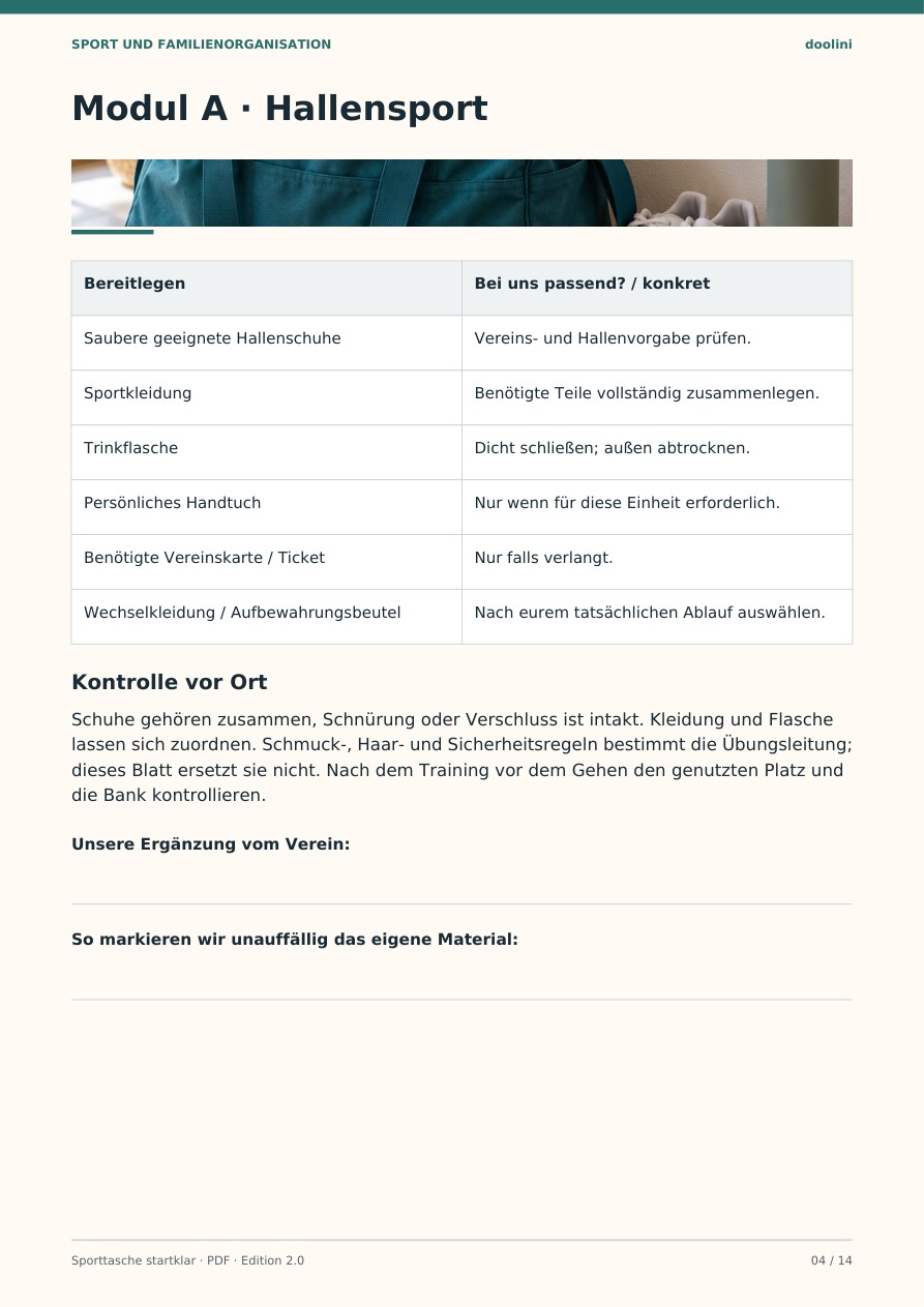 Echte Innenseite aus Sporttasche startklar