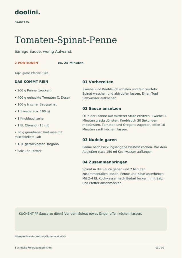 Rezeptseite mit Zutaten und Kochschritten