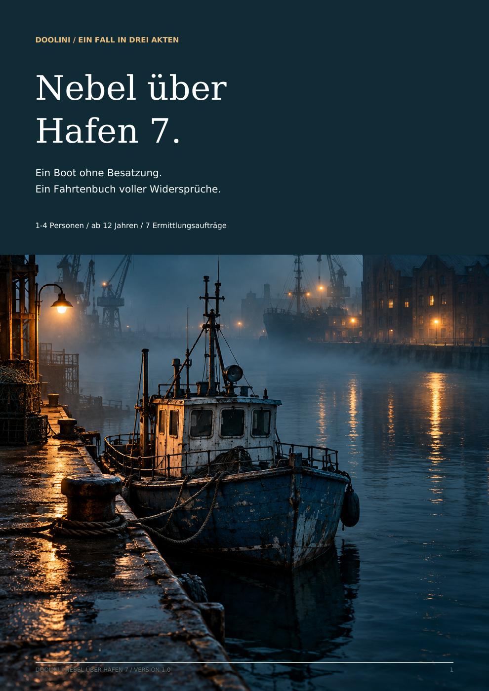 Nebel über Hafen 7: ein verlassenes Boot im nächtlichen Hafen